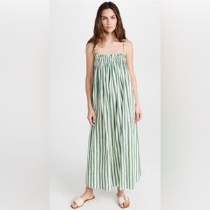 Madewell Poplin Ruffle A-Line Midi Dress Green Stripe